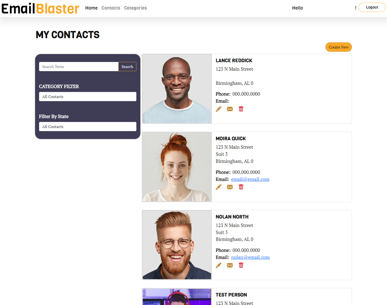 View of the contacts page.